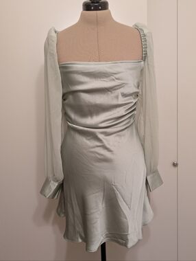 WeWoreWhat Sage Green Satin Square-Neck Long Sleeve Mini Dress